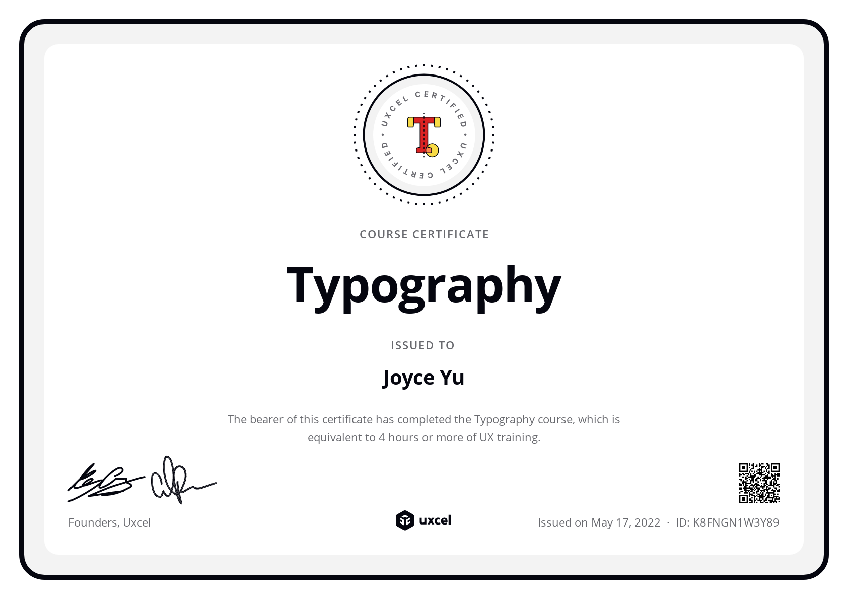 Joyce Yu's certificate